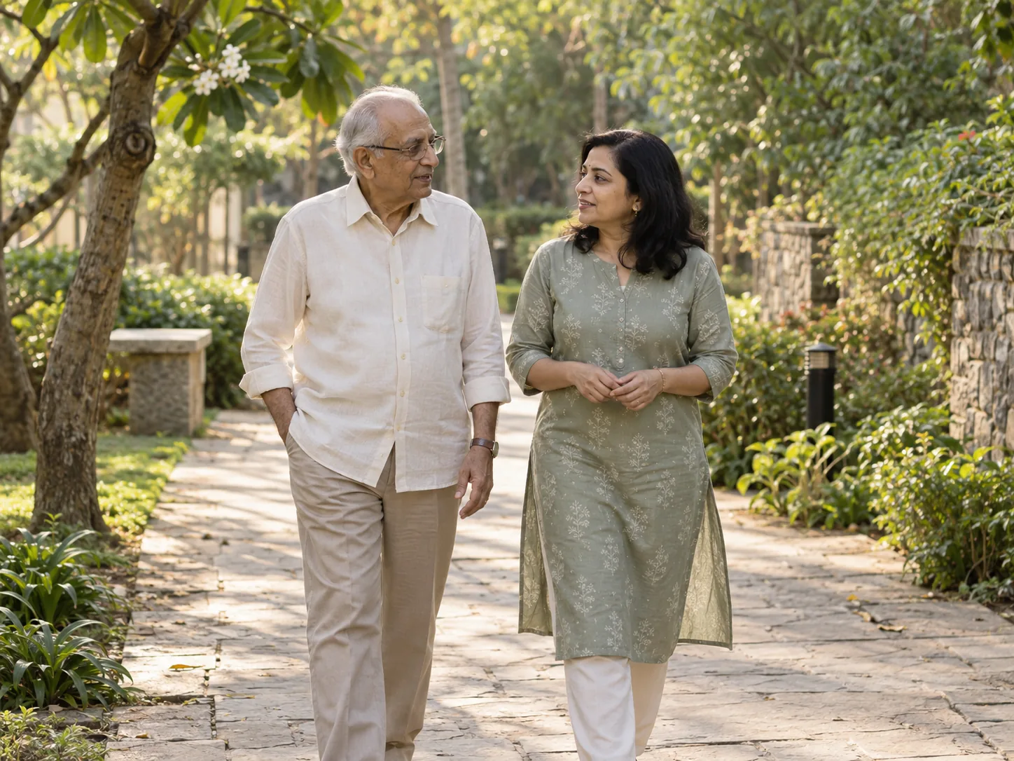 An illustrative father and daughter walking outdoors