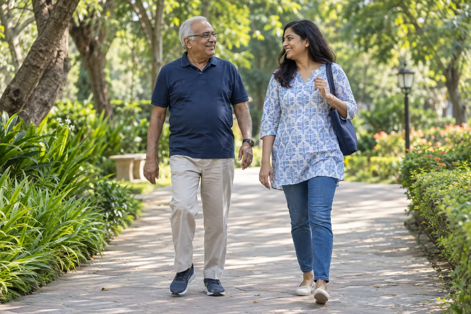 Illustrative scene of an older adult and a family member walking outdoors