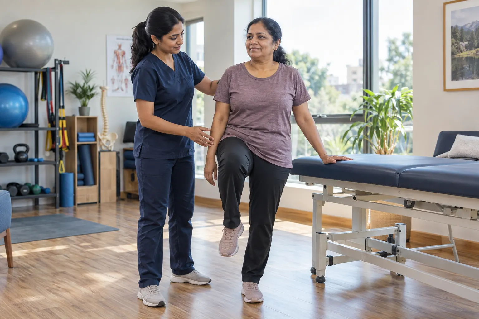 Illustrative scene of a physiotherapist guiding a supported movement