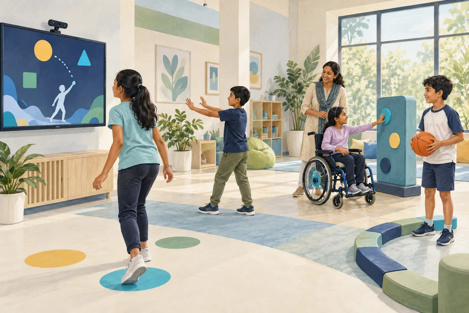 Concept illustration of children taking part in varied movement activities with adult supervision