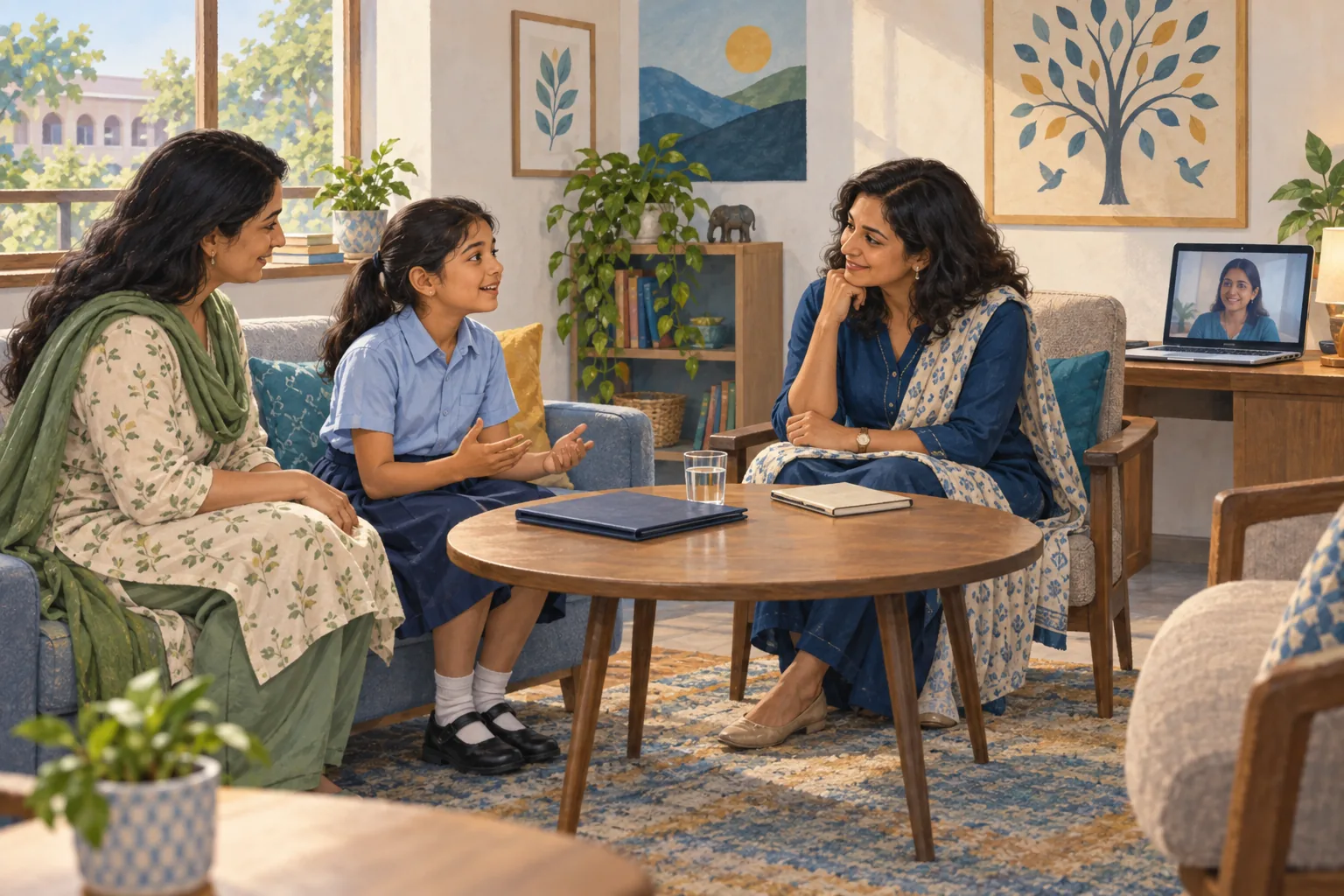 Concept illustration of a child and family in a supportive conversation, with a professional joining remotely