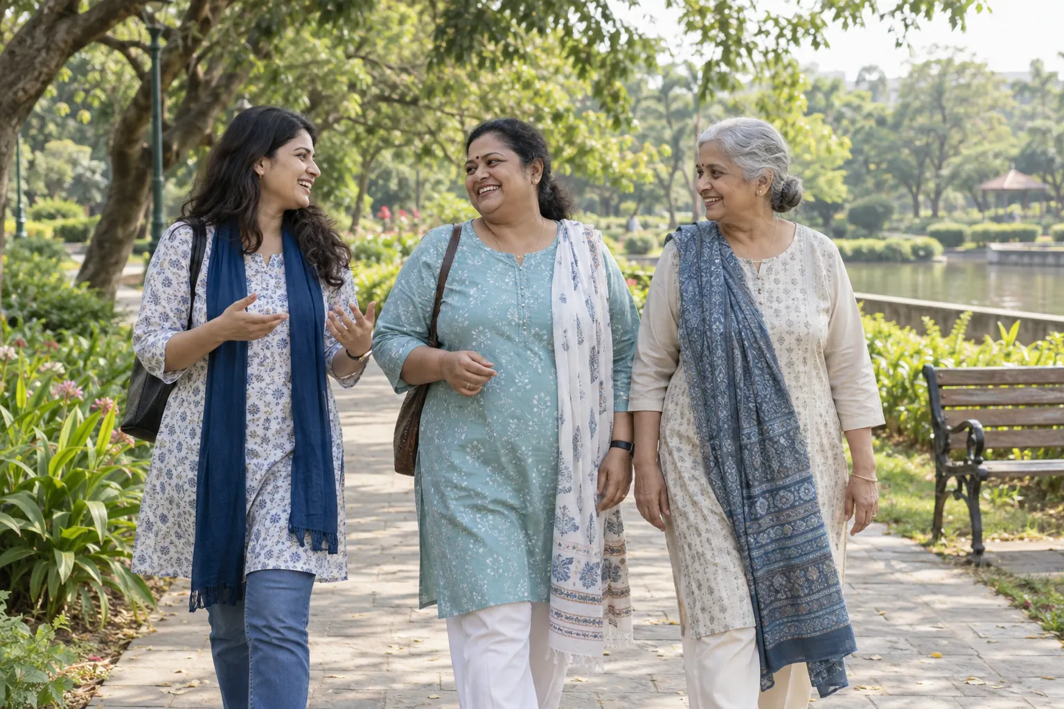 Illustrative scene of women of different ages enjoying a walk together